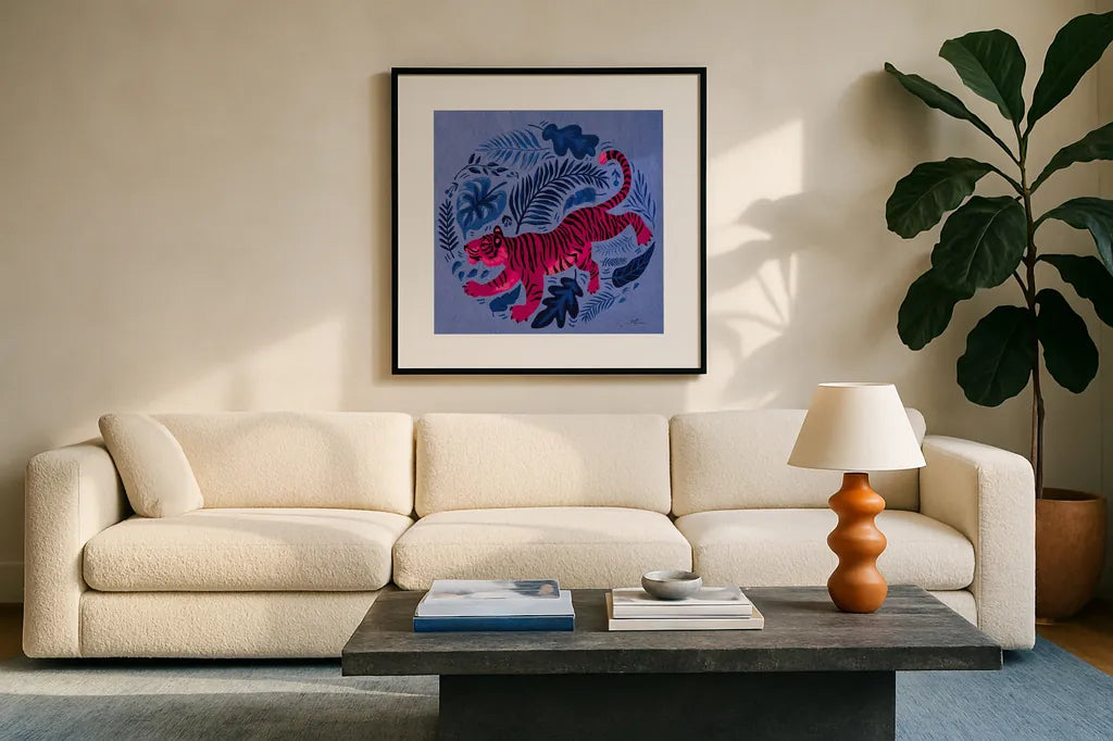 Big Cat Beauty VII Bright by Janelle Penner. Displayed in a glass frame with matte in a clean modern living room. Available as an archival giclee rolled canvas, fine art paper, or poster print. SKU 89198a.