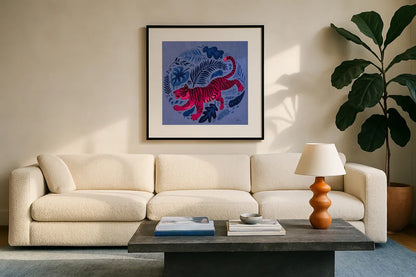 Big Cat Beauty VII Bright by Janelle Penner. Displayed in a glass frame with matte in a clean modern living room. Available as an archival giclee rolled canvas, fine art paper, or poster print. SKU 89198a.