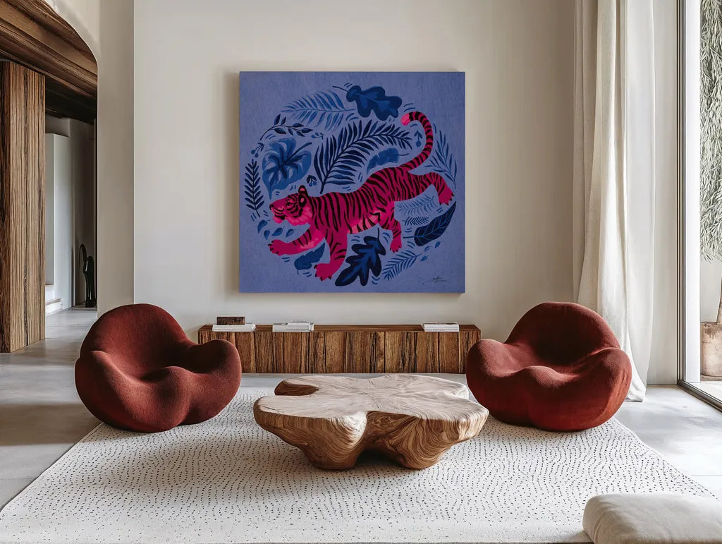 Big Cat Beauty VII Bright by Janelle Penner. Shown as extra-large giant wall art in a modern living room. Available as an archival giclee rolled canvas, fine art paper, or poster print. SKU 89198a.