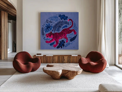 Big Cat Beauty VII Bright by Janelle Penner. Shown as extra-large giant wall art in a modern living room. Available as an archival giclee rolled canvas, fine art paper, or poster print. SKU 89198a.