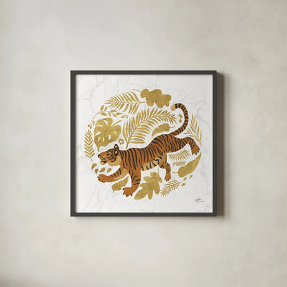 Big Cat Beauty VII Gold by Janelle Penner. Shown in a sleek black glass frame for a contemporary gallery look. Available as an archival giclee rolled canvas, fine art paper, or poster print. SKU 68992a.