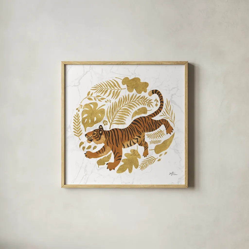 Big Cat Beauty VII Gold by Janelle Penner. Shown in a natural wood glass frame for a timeless modern aesthetic. Available as an archival giclee rolled canvas, fine art paper, or poster print. SKU 68992a.