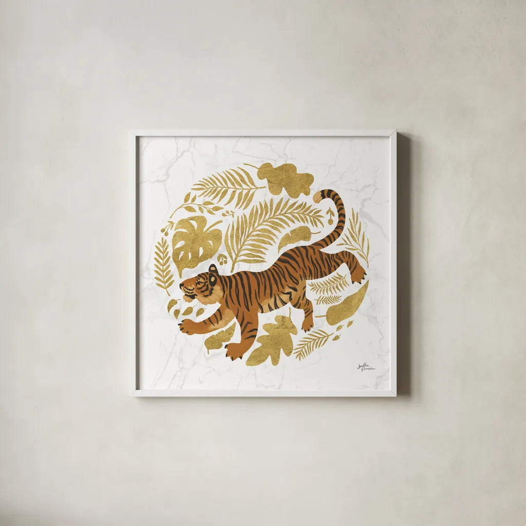Big Cat Beauty VII Gold by Janelle Penner. Shown in a crisp white glass frame for a clean and minimalist style. Available as an archival giclee rolled canvas, fine art paper, or poster print. SKU 68992a.