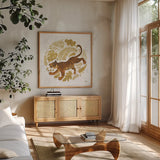 Big Cat Beauty VII Gold by Janelle Penner. Shown in a natural wood frame in a cozy modern living room. Available as an archival giclee rolled canvas, fine art paper, or poster print. SKU 68992a.