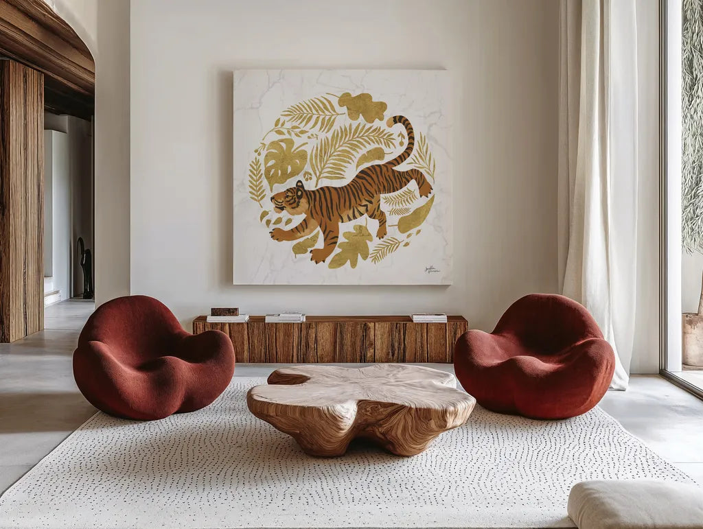 Big Cat Beauty VII Gold by Janelle Penner. Shown as extra-large giant wall art in a modern living room. Available as an archival giclee rolled canvas, fine art paper, or poster print. SKU 68992a.