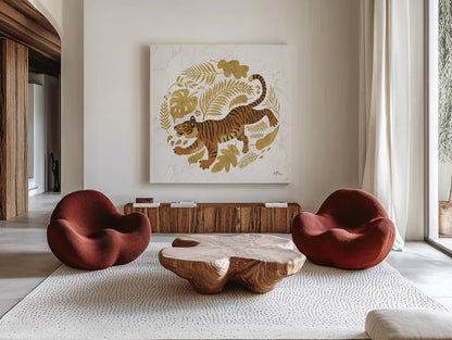 Big Cat Beauty VII Gold by Janelle Penner. Shown as extra-large giant wall art in a modern living room. Available as an archival giclee rolled canvas, fine art paper, or poster print. SKU 68992a.
