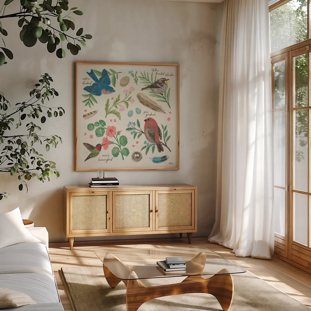 Bird Study III by Janelle Penner. Shown in a natural wood frame in a cozy modern living room. Available as an archival giclee rolled canvas, fine art paper, or poster print. SKU 58596a.