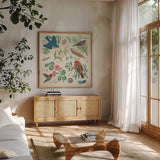 Bird Study III by Janelle Penner. Shown in a natural wood frame in a cozy modern living room. Available as an archival giclee rolled canvas, fine art paper, or poster print. SKU 58596a.