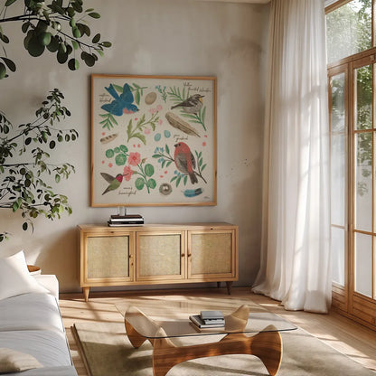Bird Study III by Janelle Penner. Shown in a natural wood frame in a cozy modern living room. Available as an archival giclee rolled canvas, fine art paper, or poster print. SKU 58596a.