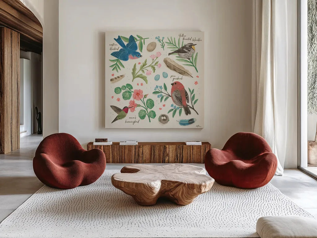 Bird Study III by Janelle Penner. Shown as extra-large giant wall art in a modern living room. Available as an archival giclee rolled canvas, fine art paper, or poster print. SKU 58596a.