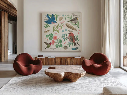 Bird Study III by Janelle Penner. Shown as extra-large giant wall art in a modern living room. Available as an archival giclee rolled canvas, fine art paper, or poster print. SKU 58596a.