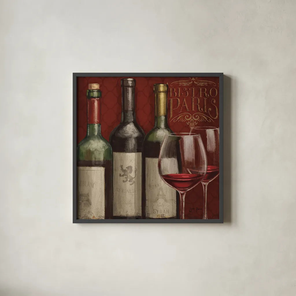 Bistro Paris III by Janelle Penner. Shown in a sleek black glass frame for a contemporary gallery look. Available as an archival giclee rolled canvas, fine art paper, or poster print. SKU 18687a.