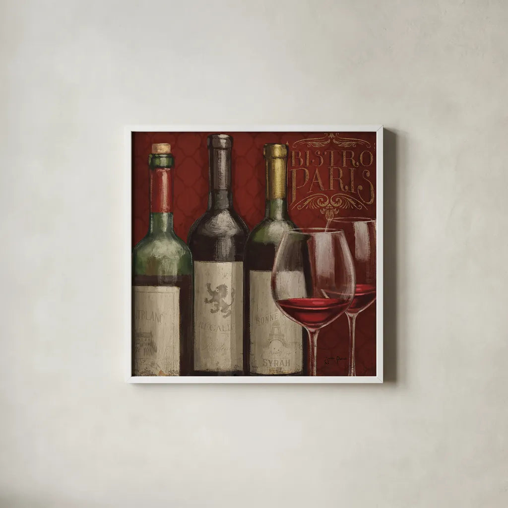 Bistro Paris III by Janelle Penner. Shown in a crisp white glass frame for a clean and minimalist style. Available as an archival giclee rolled canvas, fine art paper, or poster print. SKU 18687a.