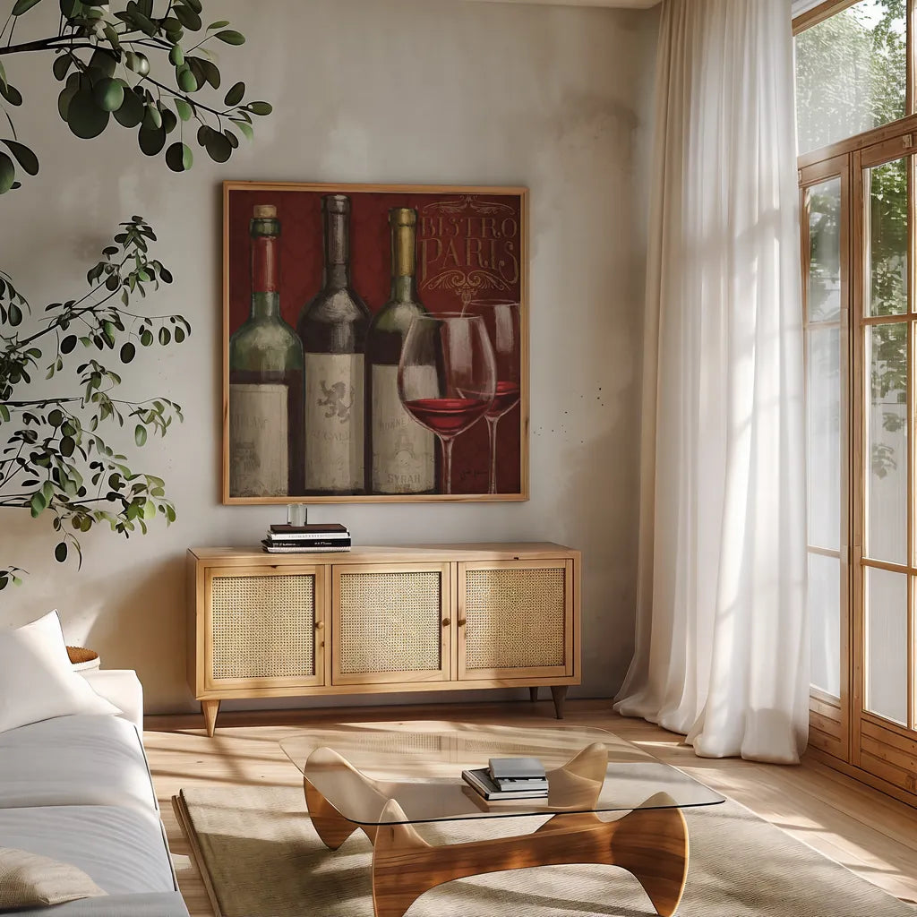 Bistro Paris III by Janelle Penner. Shown in a natural wood frame in a cozy modern living room. Available as an archival giclee rolled canvas, fine art paper, or poster print. SKU 18687a.