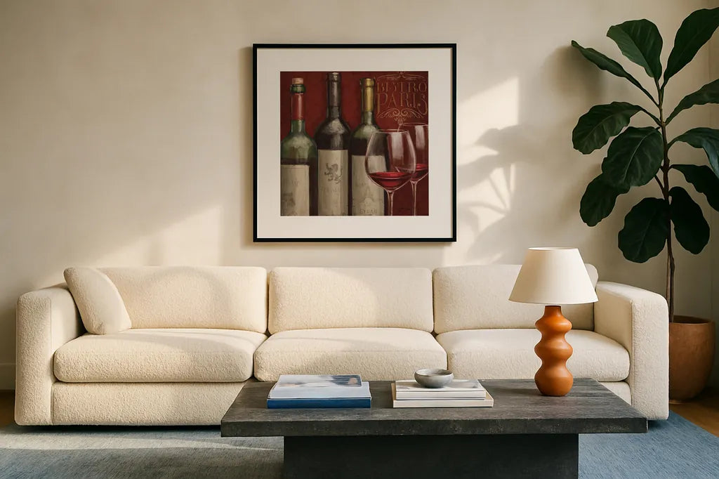 Bistro Paris III by Janelle Penner. Displayed in a glass frame with matte in a clean modern living room. Available as an archival giclee rolled canvas, fine art paper, or poster print. SKU 18687a.
