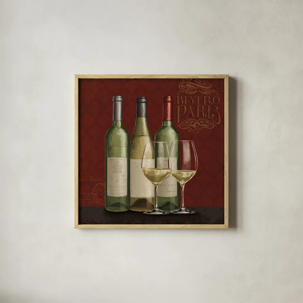 Bistro Paris White Wine v.2 by Janelle Penner. Shown in a natural wood glass frame for a timeless modern aesthetic. Available as an archival giclee rolled canvas, fine art paper, or poster print. SKU 21741a.