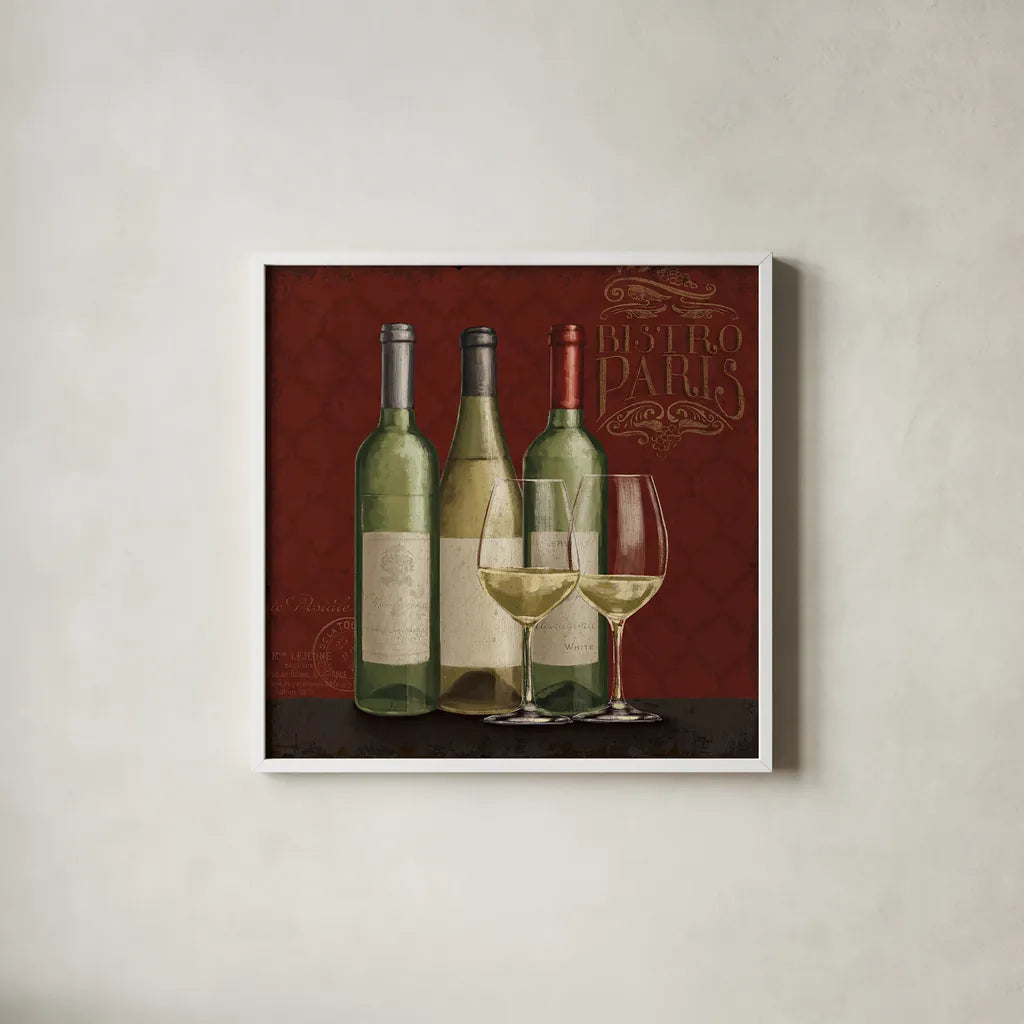 Bistro Paris White Wine v.2 by Janelle Penner. Shown in a crisp white glass frame for a clean and minimalist style. Available as an archival giclee rolled canvas, fine art paper, or poster print. SKU 21741a.