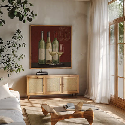 Bistro Paris White Wine v.2 by Janelle Penner. Shown in a natural wood frame in a cozy modern living room. Available as an archival giclee rolled canvas, fine art paper, or poster print. SKU 21741a.