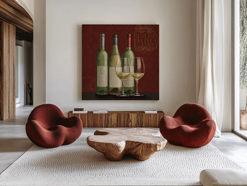 Bistro Paris White Wine v.2 by Janelle Penner. Shown as extra-large giant wall art in a modern living room. Available as an archival giclee rolled canvas, fine art paper, or poster print. SKU 21741a.