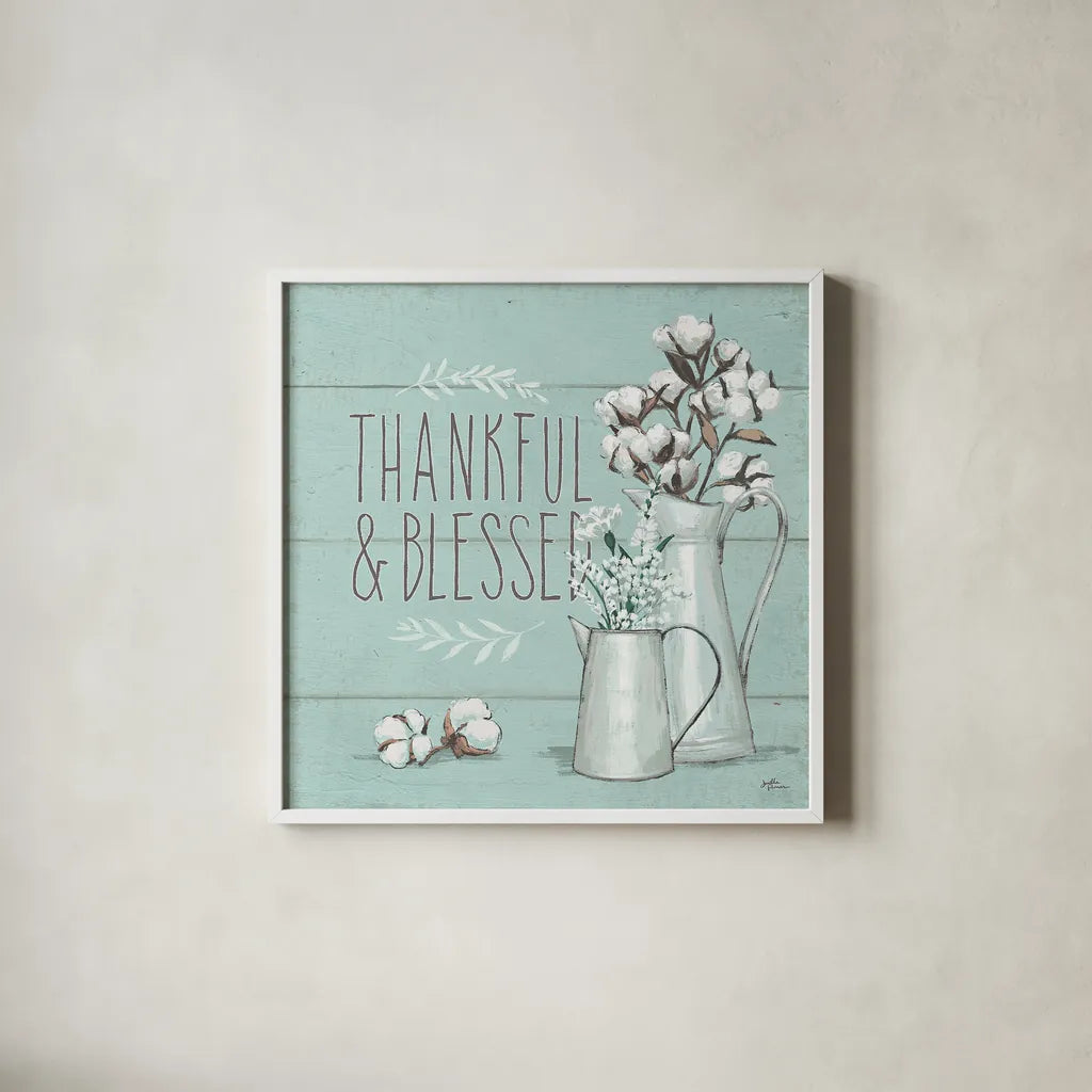 Blessed V Mint by Janelle Penner. Shown in a crisp white glass frame for a clean and minimalist style. Available as an archival giclee rolled canvas, fine art paper, or poster print. SKU 39462a.