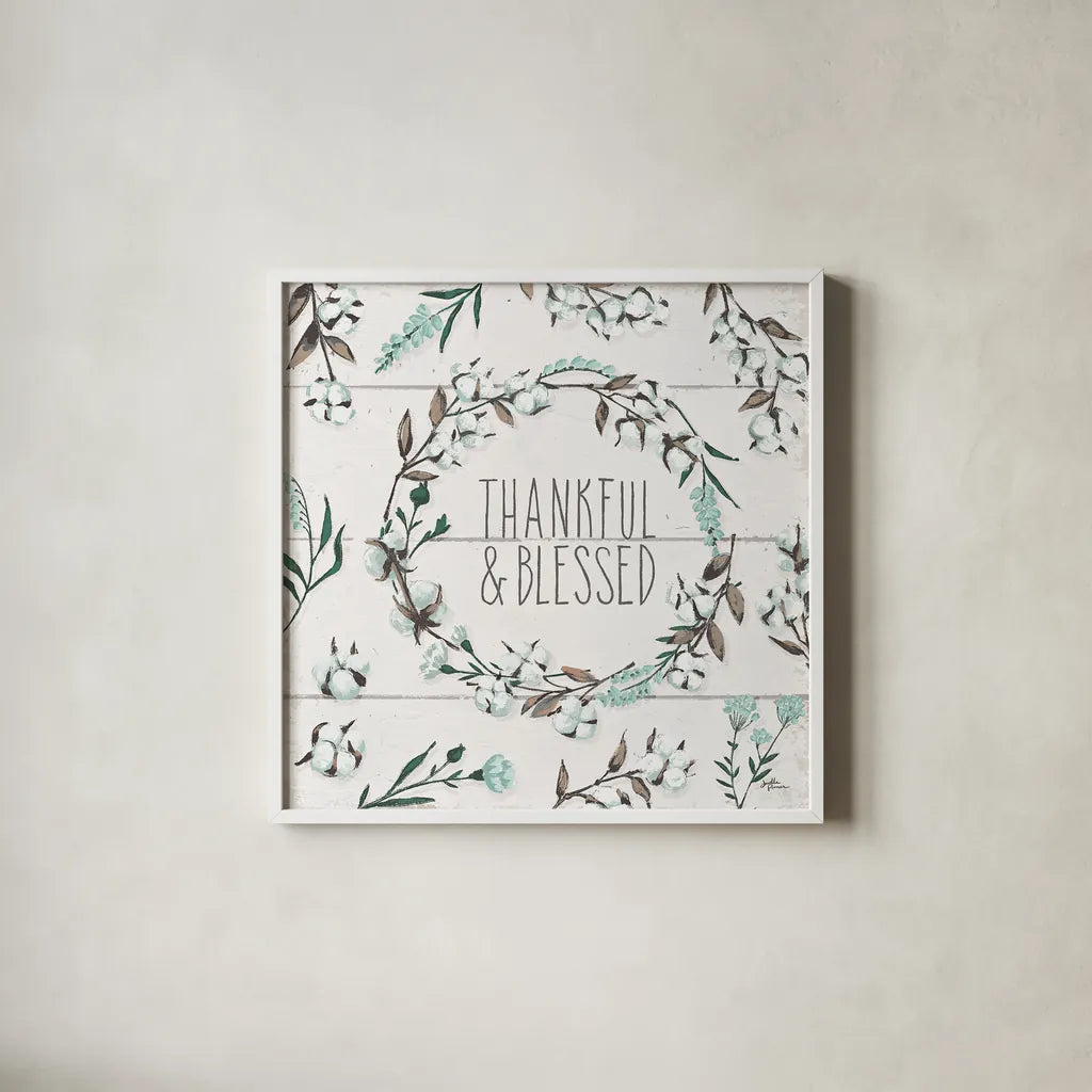 Blessed VI by Janelle Penner. Shown in a crisp white glass frame for a clean and minimalist style. Available as an archival giclee rolled canvas, fine art paper, or poster print. SKU 39452a.