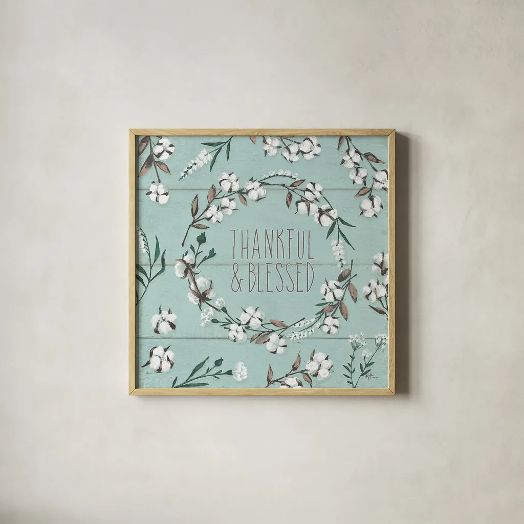 Blessed VI Mint by Janelle Penner. Shown in a natural wood glass frame for a timeless modern aesthetic. Available as an archival giclee rolled canvas, fine art paper, or poster print. SKU 39463a.