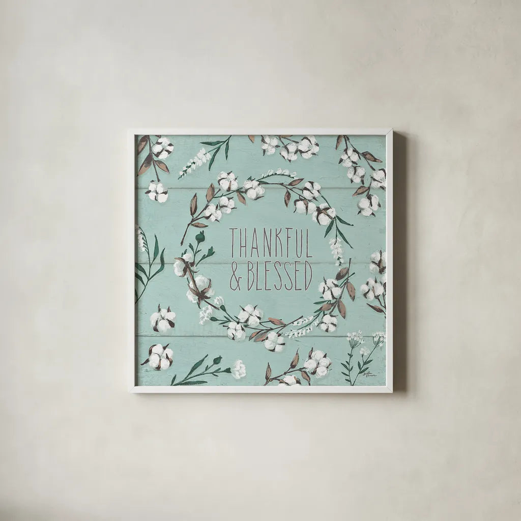 Blessed VI Mint by Janelle Penner. Shown in a crisp white glass frame for a clean and minimalist style. Available as an archival giclee rolled canvas, fine art paper, or poster print. SKU 39463a.
