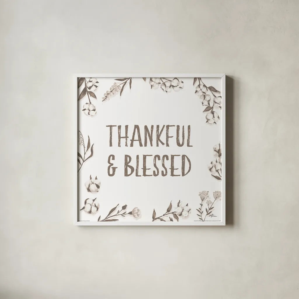 Blessed VI v2 Neutral by Janelle Penner. Shown in a crisp white glass frame for a clean and minimalist style. Available as an archival giclee rolled canvas, fine art paper, or poster print. SKU 48932a.