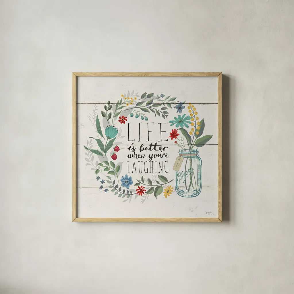 Blooming Thoughts I by Janelle Penner. Shown in a natural wood glass frame for a timeless modern aesthetic. Available as an archival giclee rolled canvas, fine art paper, or poster print. SKU 29080a.