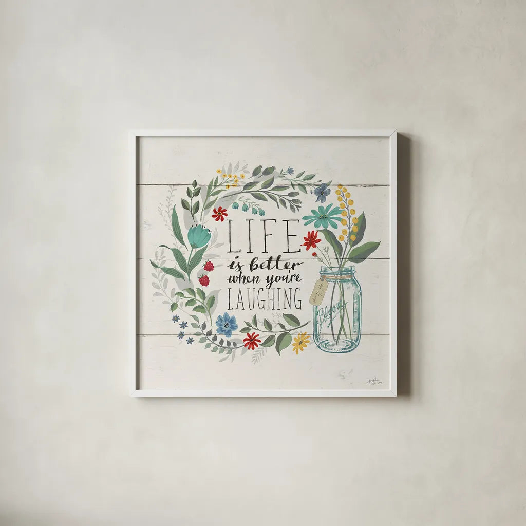 Blooming Thoughts I by Janelle Penner. Shown in a crisp white glass frame for a clean and minimalist style. Available as an archival giclee rolled canvas, fine art paper, or poster print. SKU 29080a.