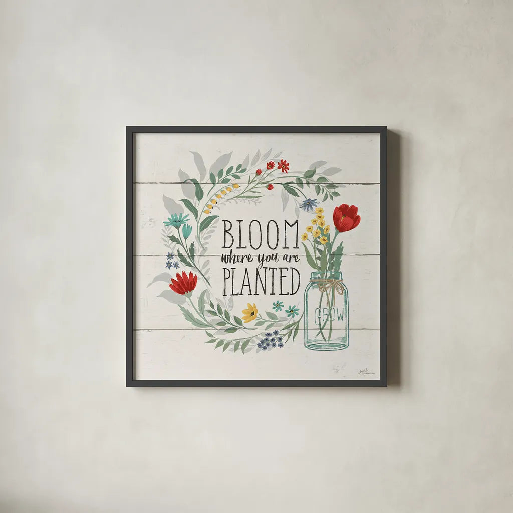 Blooming Thoughts III by Janelle Penner. Shown in a sleek black glass frame for a contemporary gallery look. Available as an archival giclee rolled canvas, fine art paper, or poster print. SKU 29079a.