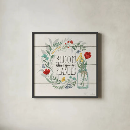 Blooming Thoughts III by Janelle Penner. Shown in a sleek black glass frame for a contemporary gallery look. Available as an archival giclee rolled canvas, fine art paper, or poster print. SKU 29079a.