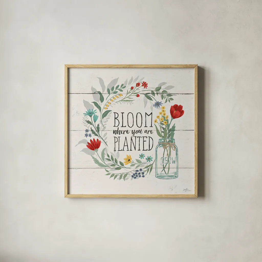 Blooming Thoughts III by Janelle Penner. Shown in a natural wood glass frame for a timeless modern aesthetic. Available as an archival giclee rolled canvas, fine art paper, or poster print. SKU 29079a.