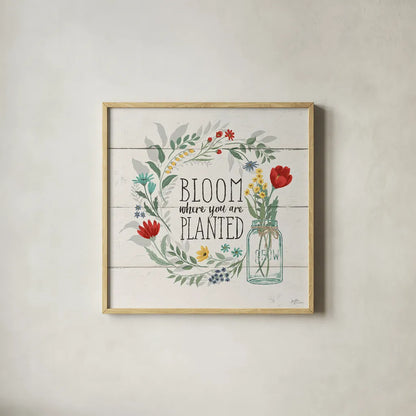 Blooming Thoughts III by Janelle Penner. Shown in a natural wood glass frame for a timeless modern aesthetic. Available as an archival giclee rolled canvas, fine art paper, or poster print. SKU 29079a.