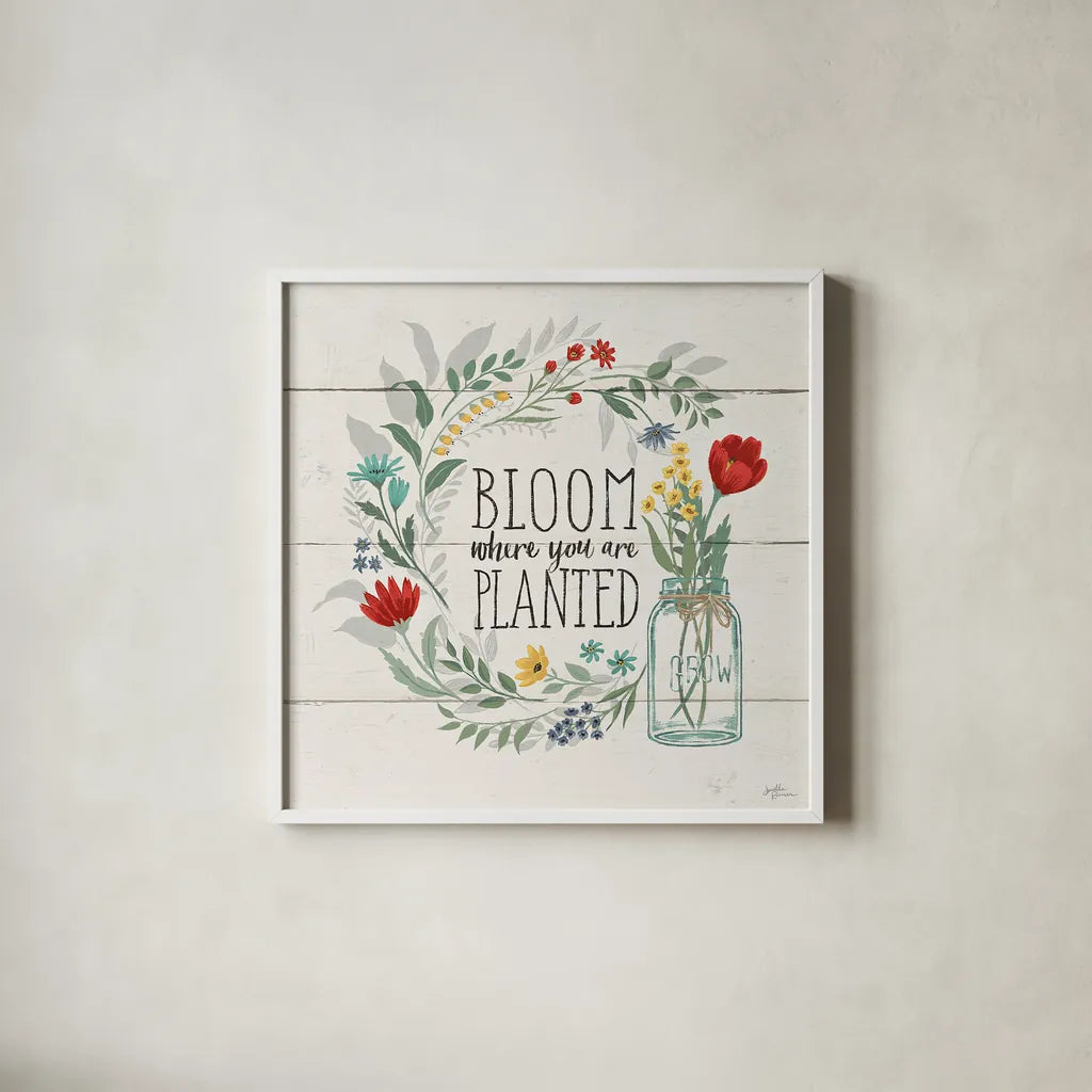 Blooming Thoughts III by Janelle Penner. Shown in a crisp white glass frame for a clean and minimalist style. Available as an archival giclee rolled canvas, fine art paper, or poster print. SKU 29079a.