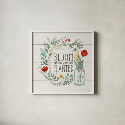 Blooming Thoughts III by Janelle Penner. Shown in a crisp white glass frame for a clean and minimalist style. Available as an archival giclee rolled canvas, fine art paper, or poster print. SKU 29079a.