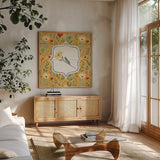 Blooming Thoughts V Flower by Janelle Penner. Shown in a natural wood frame in a cozy modern living room. Available as an archival giclee rolled canvas, fine art paper, or poster print. SKU 33802a.