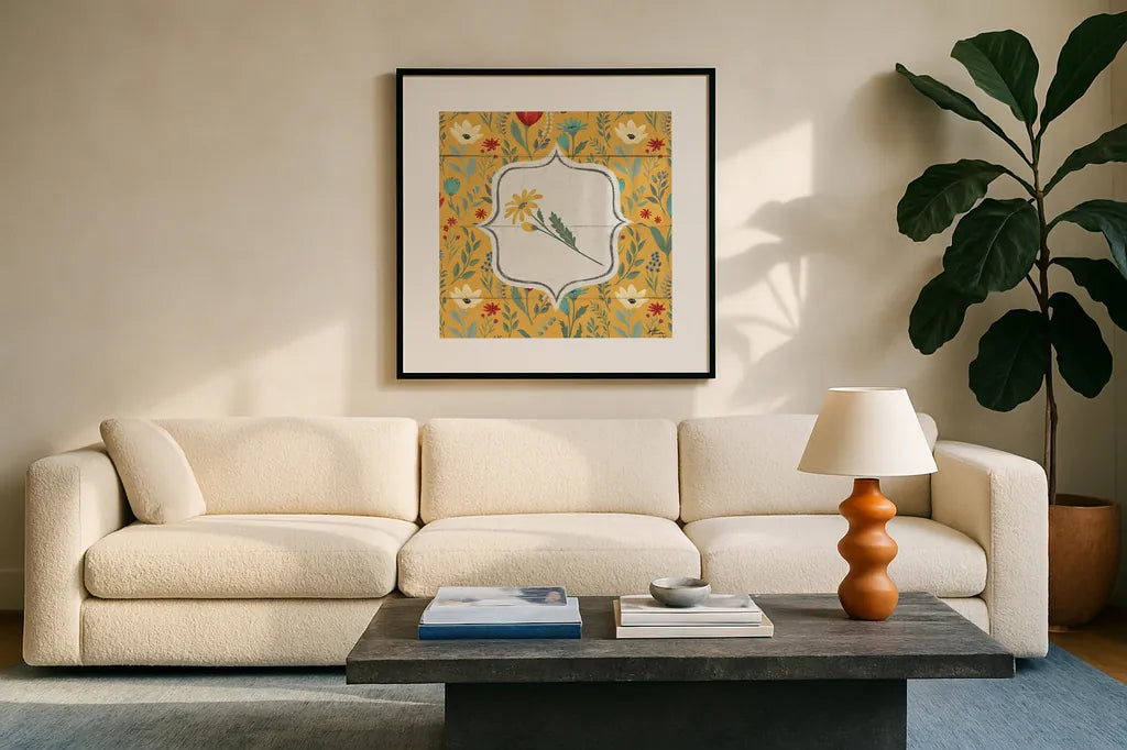 Blooming Thoughts V Flower by Janelle Penner. Displayed in a glass frame with matte in a clean modern living room. Available as an archival giclee rolled canvas, fine art paper, or poster print. SKU 33802a.