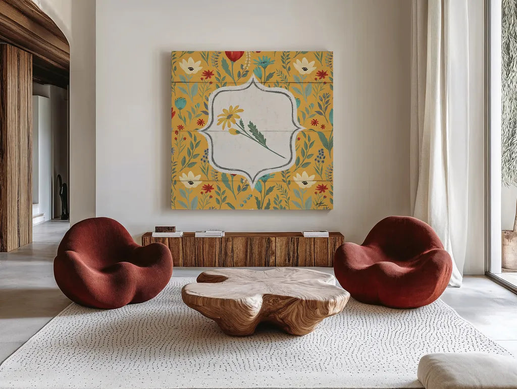 Blooming Thoughts V Flower by Janelle Penner. Shown as extra-large giant wall art in a modern living room. Available as an archival giclee rolled canvas, fine art paper, or poster print. SKU 33802a.