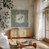 Blooming Thoughts VI Flower by Janelle Penner. Shown in a natural wood frame in a cozy modern living room. Available as an archival giclee rolled canvas, fine art paper, or poster print. SKU 33803a.