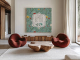 Blooming Thoughts VII by Janelle Penner. Shown as extra-large giant wall art in a modern living room. Available as an archival giclee rolled canvas, fine art paper, or poster print. SKU 29074a.