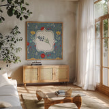 Blooming Thoughts VIII Flower by Janelle Penner. Shown in a natural wood frame in a cozy modern living room. Available as an archival giclee rolled canvas, fine art paper, or poster print. SKU 33805a.