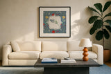 Blooming Thoughts VIII Flower by Janelle Penner. Displayed in a glass frame with matte in a clean modern living room. Available as an archival giclee rolled canvas, fine art paper, or poster print. SKU 33805a.