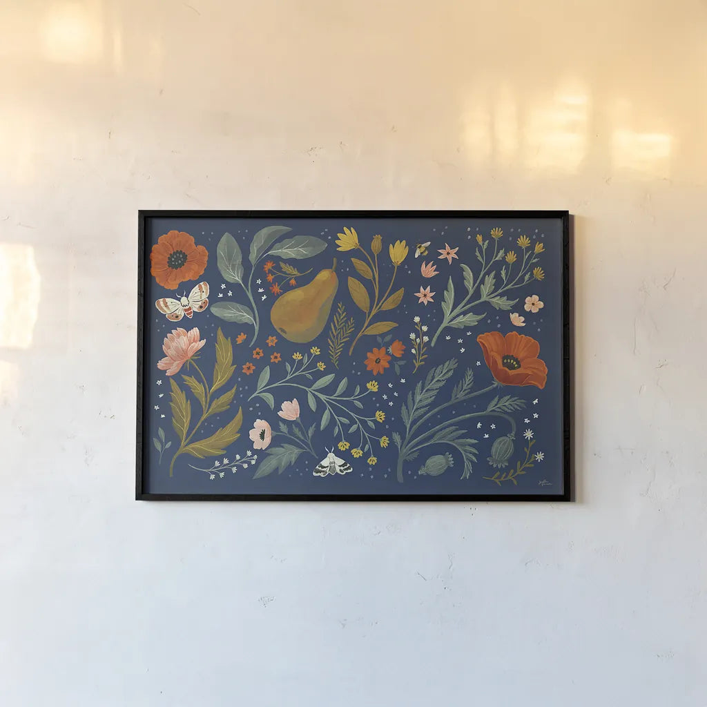 Blue Botanical I by Janelle Penner. shown as a paper print in a black flame. Available as a archival giclee rolled canvas, fine art paper, or poster print. SKU 48600i.