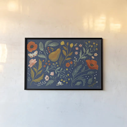 Blue Botanical I by Janelle Penner. shown as a paper print in a black flame. Available as a archival giclee rolled canvas, fine art paper, or poster print. SKU 48600i.