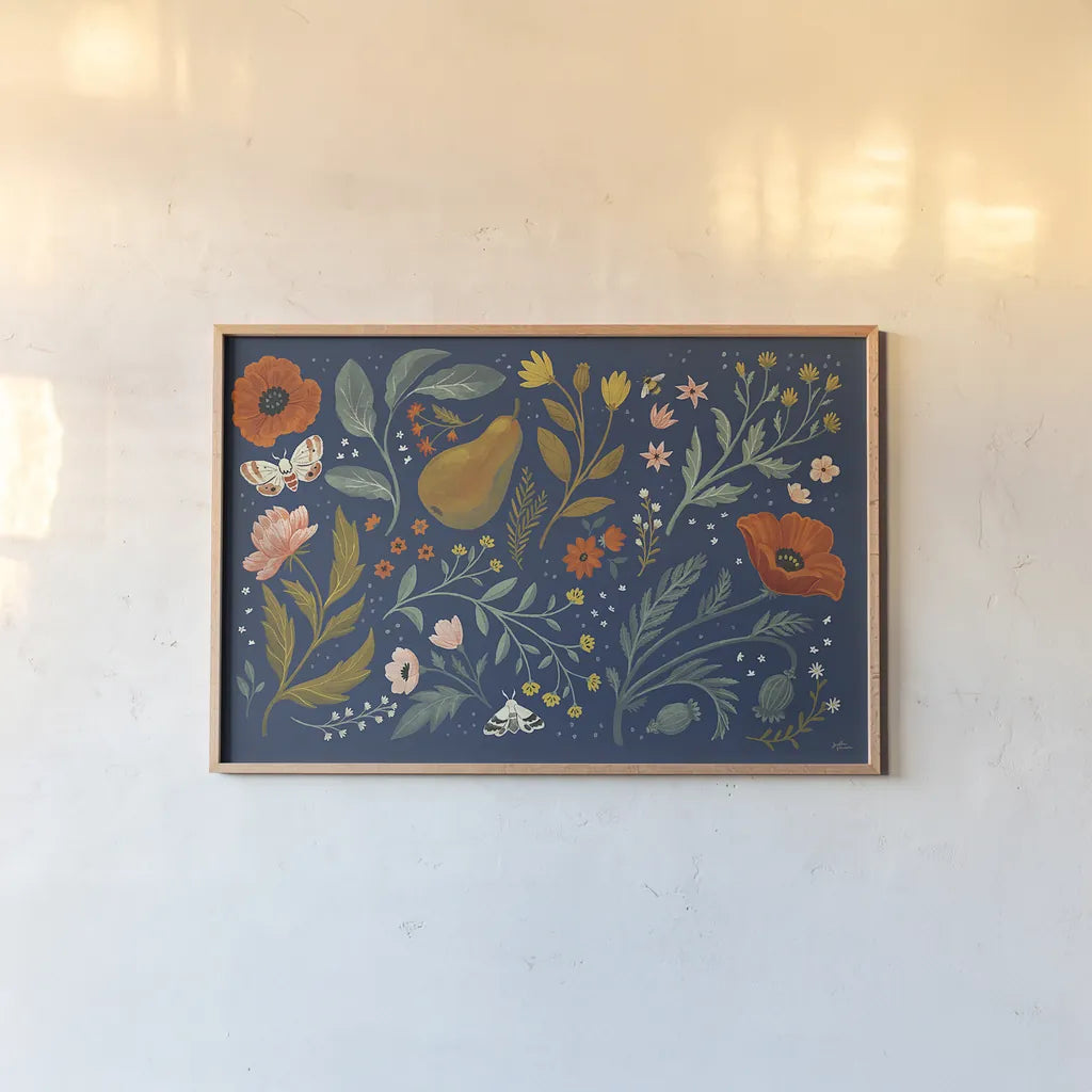 Blue Botanical I by Janelle Penner. shown as a paper print in a natural frame. Available as a archival giclee rolled canvas, fine art paper, or poster print. SKU 48600i.