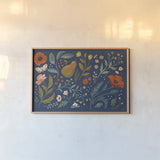 Blue Botanical I by Janelle Penner. shown as a paper print in a natural frame. Available as a archival giclee rolled canvas, fine art paper, or poster print. SKU 48600i.