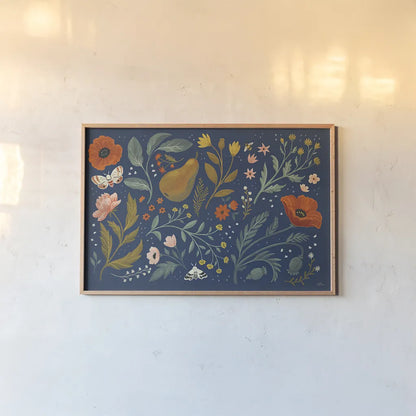 Blue Botanical I by Janelle Penner. shown as a paper print in a natural frame. Available as a archival giclee rolled canvas, fine art paper, or poster print. SKU 48600i.