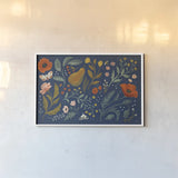 Blue Botanical I by Janelle Penner. shown as a paper print in a white frame. Available as a archival giclee rolled canvas, fine art paper, or poster print. SKU 48600i.