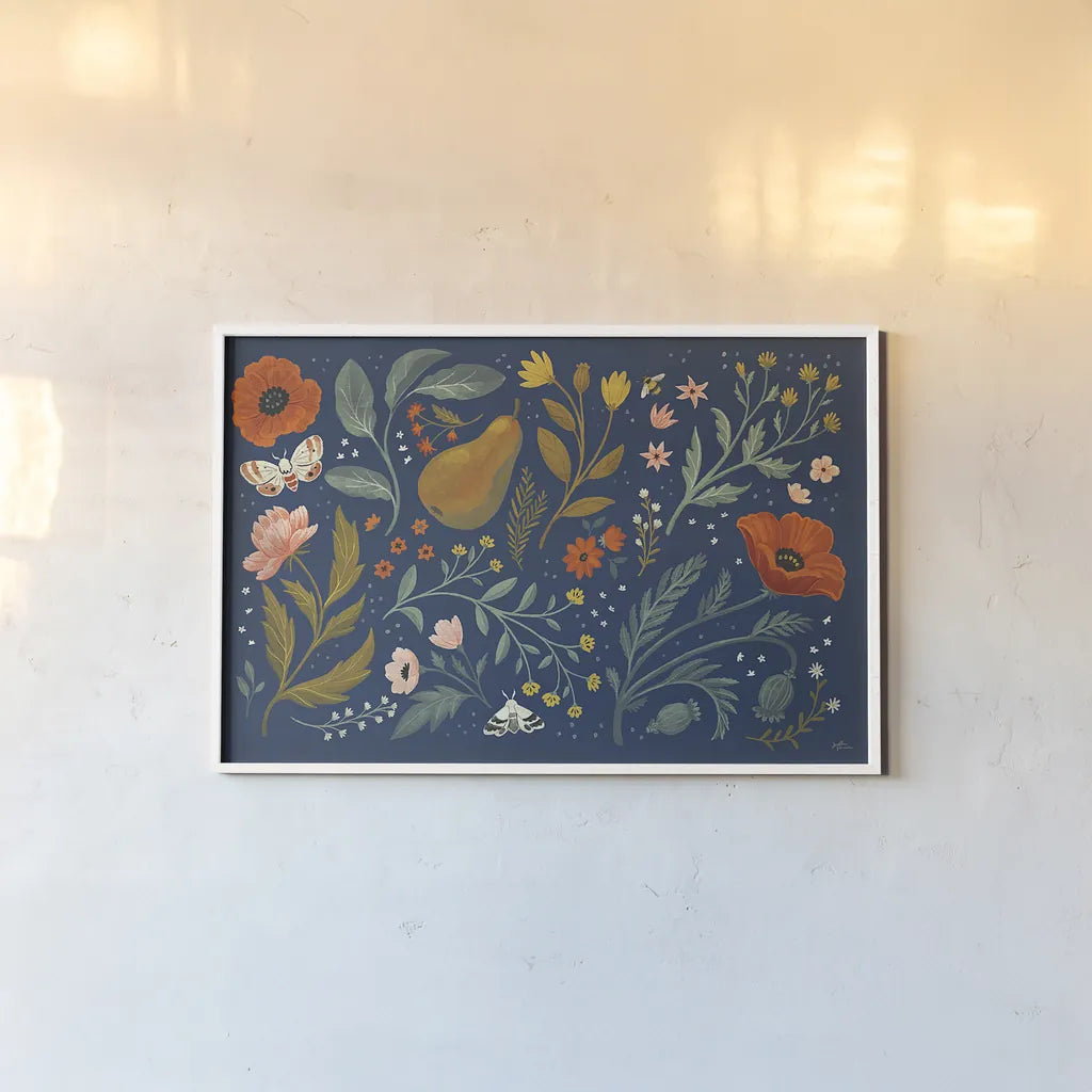 Blue Botanical I by Janelle Penner. shown as a paper print in a white frame. Available as a archival giclee rolled canvas, fine art paper, or poster print. SKU 48600i.